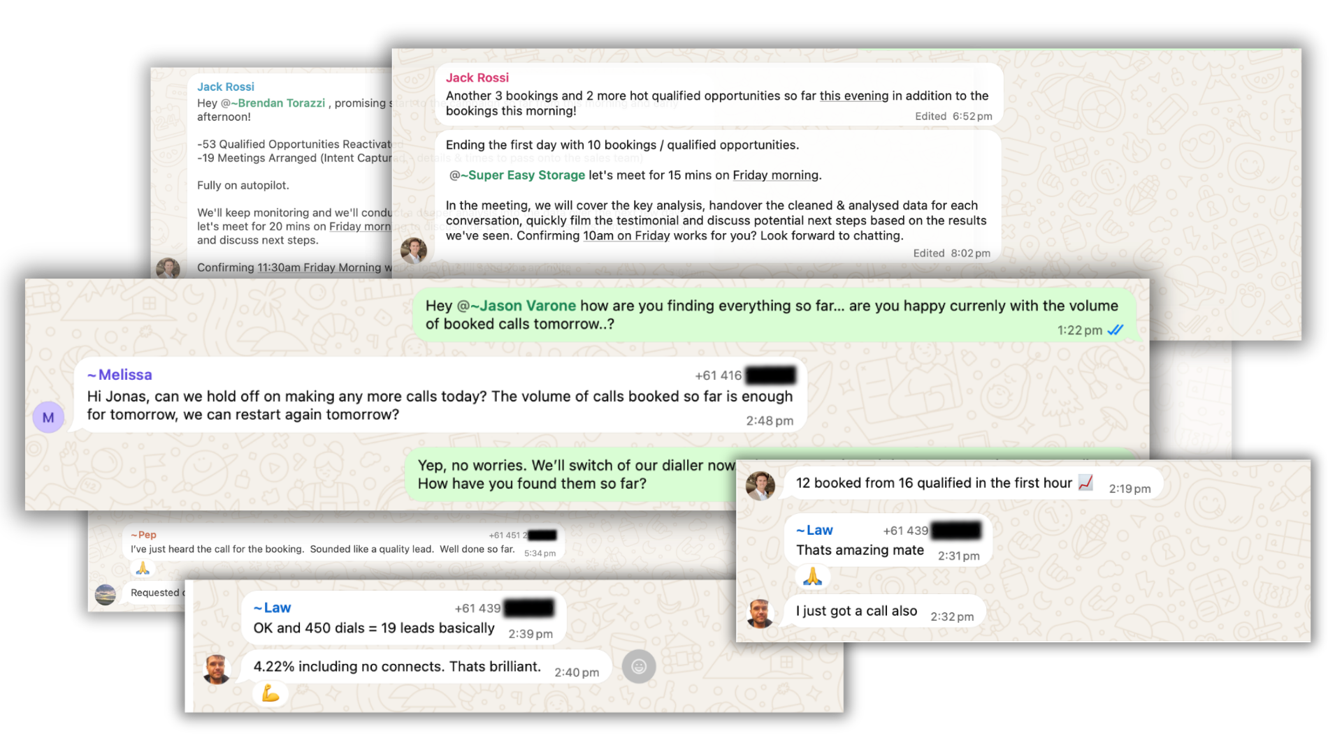 Screenshots of client WhatsApp messages reacting to their reactivation results